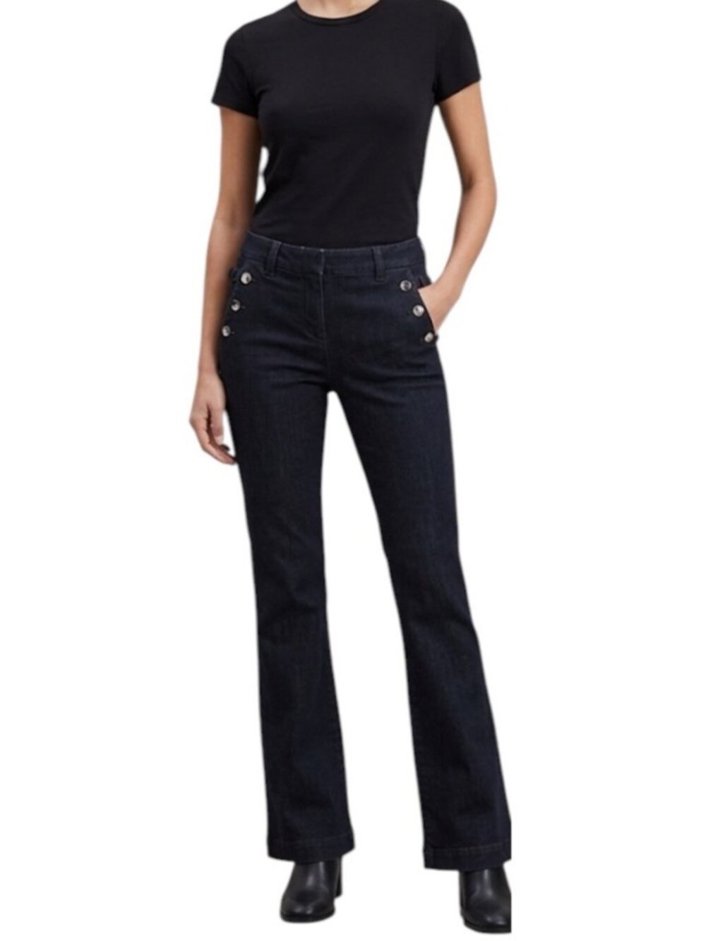 Theory Black Denim Button Accent Casual Hipster Mid-Rise Bootcut Jeans Size 8
